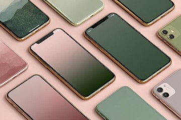 A collection of modern smartphones with various screen designs arranged aesthetically on a soft pink background
