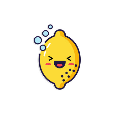 Adorable lemon vector with kawaii laughing face and fizzy bubbles. Perfect for lemonade labels, sparkling citrus drinks, or cheerful kids&rsquo; designs.