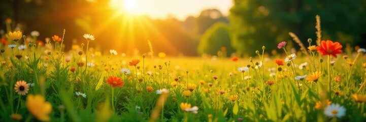 Golden hour sunlight bathes a vibrant summer landscape, illuminating wildflowers and lush green grass Perfect for travel, vacation, and summer-themed projects , clear, summer, warm