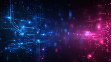 A modern digital background with glowing neon blue and pink tech shapes, circuit lines, and space on the right for product placement