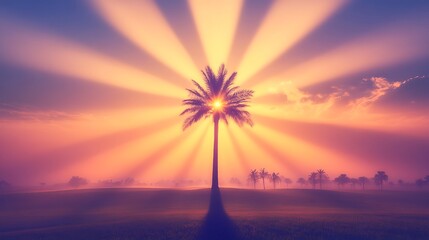 Palm tree silhouette against a vibrant sunset with radiant sun rays shining through the leaves
