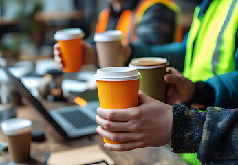 A group of construction workers holding coffee