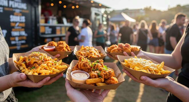 people in the restaurant, Delicious food truck feast urban street culinary experience vibrant environment close-up view food and flavor exploration
