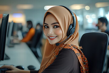 cheerful customer service representative hijab wearing headset providing assistance