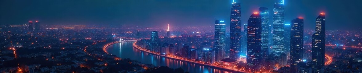 A futuristic cityscape at night, glowing with innovative technology and architectural marvels Bright lights illuminate sleek, modern buildings reaching towards the sky , progress, visionary