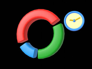 Pie diagram 3d icon with timer icon. Isolated object on a transparent background