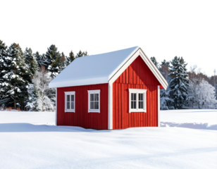 A small red wooden cabin standing alone in a wide snowy landscape, white ground cover