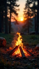 Golden hour sunlight bathes a crackling campfire, casting a warm glow on surrounding nature Embers glow brightly, promising a cozy night under the stars , peaceful, golden hour