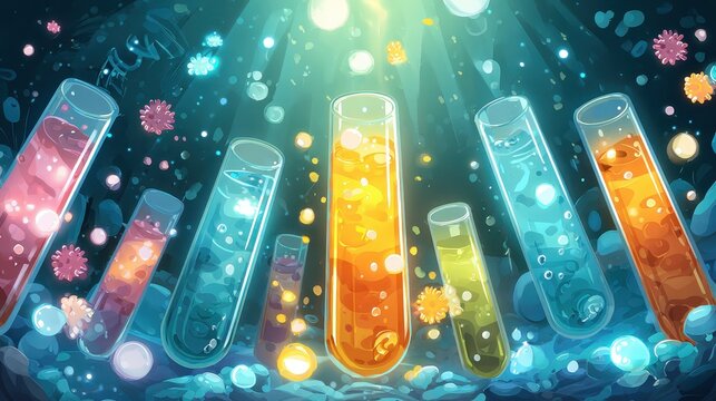 Bright science lab cartoon background with test tubes, glowing liquids, DNA icons and funny explosion effects