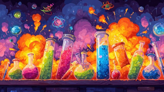 Bright science lab cartoon background with test tubes, glowing liquids, DNA icons and funny explosion effects