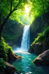 Lush green foliage frames a cascading waterfall, sunlight dappling the vibrant leaves and the flowing water Perfect for nature, travel, and serenity themes , travel, plants, serenity