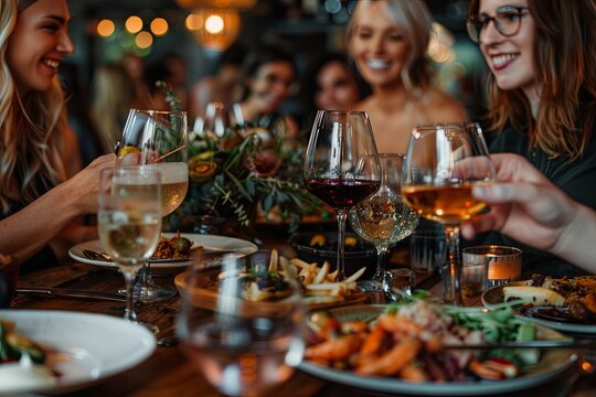 Four happy women in their 20s and 30s celebrate at a cozy restaurant dinner party. They enjoy wine glasses filled with red wine and delicious seafood appetizers, creating a warm and joyful atmosphere.