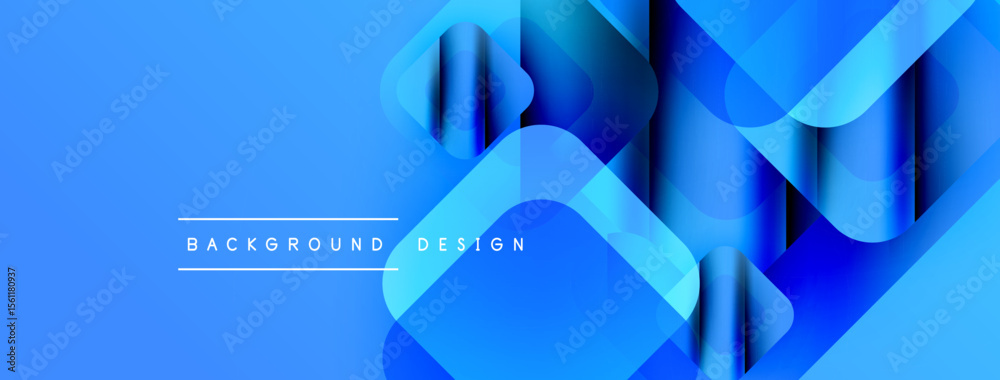 Poster Abstract blue design features overlapping rounded squares, gradients, dynamic composition. Text reads background design. Modern aesthetic.