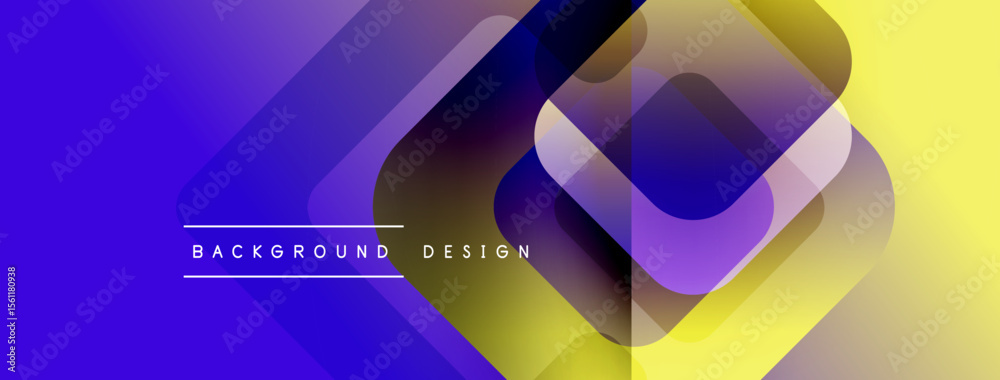 Poster abstract geometric shapes blend vibrant purple, yellow hues. modern design features overlapping squa