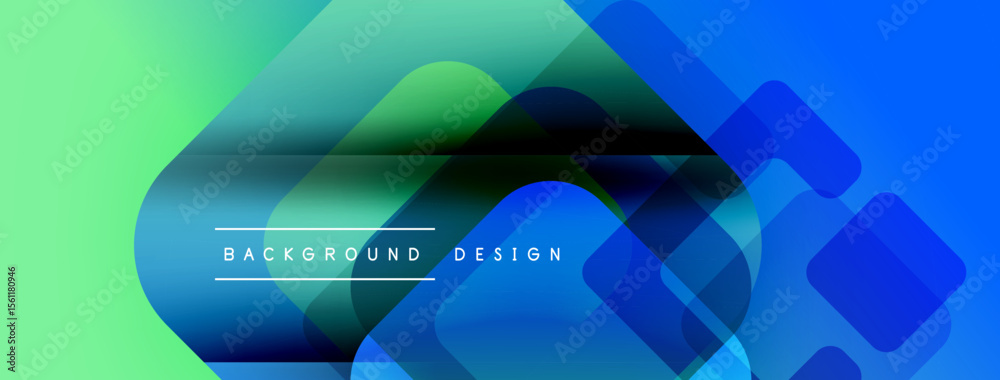 Poster abstract geometric shapes blend vibrant blue, green hues. modern design features overlapping squares