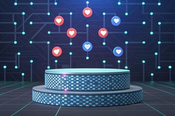 Digital stage with floating social media hearts and circuit board background