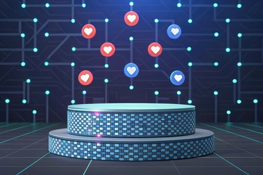 Digital stage with floating social media hearts and circuit board background - Powered by Adobe