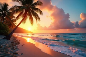 Fototapeta premium A romantic beach scene at sunset, perfect for a summer honeymoon Palm trees sway gently in the warm breeze, waves lap the shore, creating a tranquil and idyllic atmosphere , light, ocean, getaway