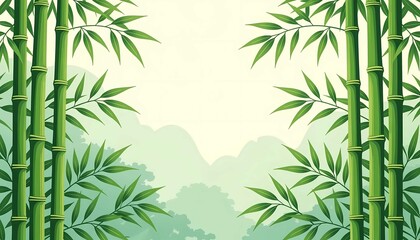 Fototapeta premium Watercolor background of Japan and China, featuring grass, plant pattern, verdure, and flowing water