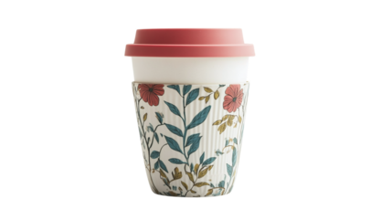 • A stylish reusable coffee cup with an eco-friendly design, isolated on white background in HD
