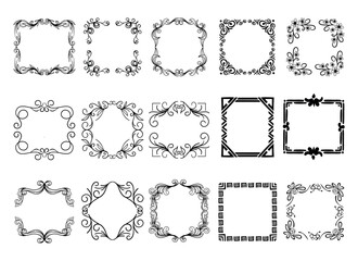 Vintage ornament frame. Decorative border frames, retro style divider. Elegant vintage frame and wedding ornaments Isolated icons vector set. Calligraphic filigree black ink borders collection
