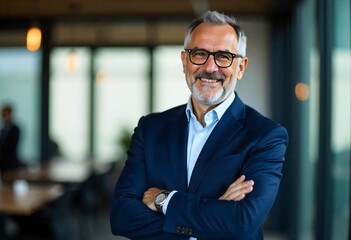 Confident Mature Businessman in Modern Office Smiling Arms Crossed Portrait