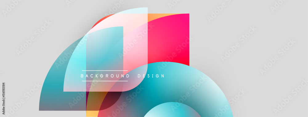 Poster Abstract shapes overlap, creating vibrant gradients. Modern design features smooth curves, pinks, blues, transparency. Minimalist background.