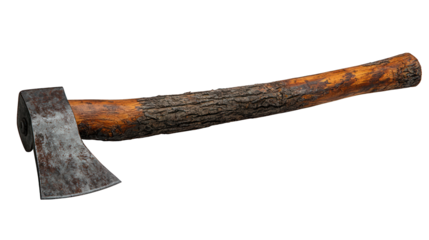 Worn ax grey metal blade, brown wood handle