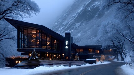 Modern building in a snowy mountain valley at twilight