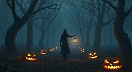 Woman with Lantern Walking Through Spooky Halloween Forest