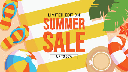 Summer promotion poster banner with summer tropical beach vibes background