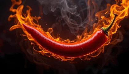 Canvas schilderij Hete pepers red chili on fire in black background  © Sojib