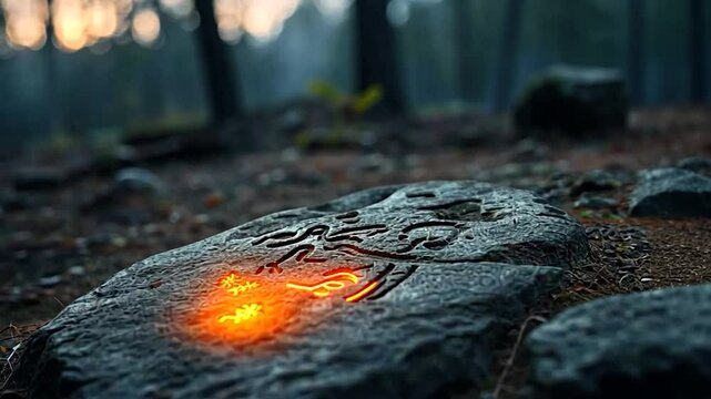 Close-up of glowing symbols on a rock in a forest setting Warm light illuminates the stone's surface and surroundings Atmospheric scene depicting ancient symbols and mystical essence