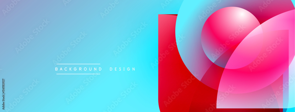 Poster abstract geometric shapes overlap. blue gradient background complements vibrant red, pink elements. 
