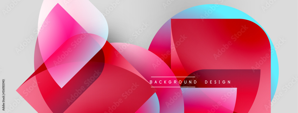 Poster abstract geometric shapes overlap, creating vibrant red, blue gradients. modern design elements sugg