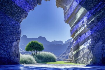 Scenic cave opening to a tranquil valley