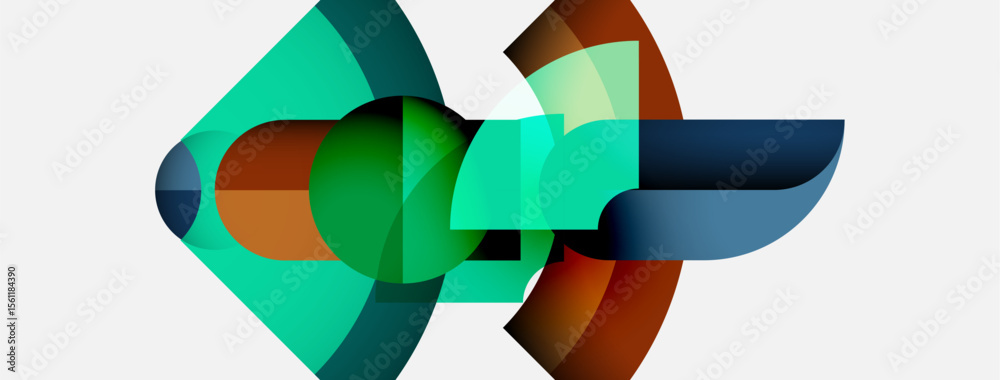 Poster abstract geometric shapes overlap, creating dynamic composition. teal, brown, blue hues dominate neu