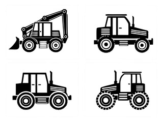 Fototapeta premium Collection of four black and white silhouette illustrations of construction vehicles