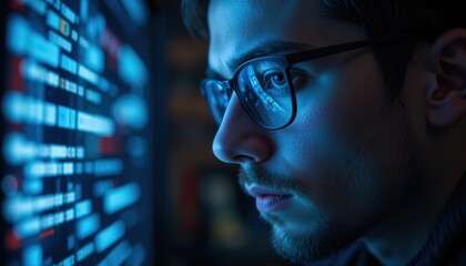 Focused man wearing glasses, looking at illuminated screen reflecting blue light. Focused face, eye details showing deep concentration. Cyber security, IT specialist work at night, 32k resolution