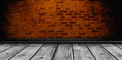 Gray wooden shelf on brown brick wall