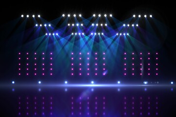 Overhead spotlights and LED panels are casting beams on reflective stage floor in flat design