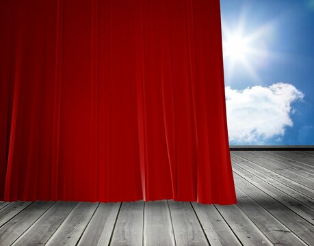 Fototapeta Flat design is showing red stage curtain drawing aside over wooden planks and sunlit cloudy sky