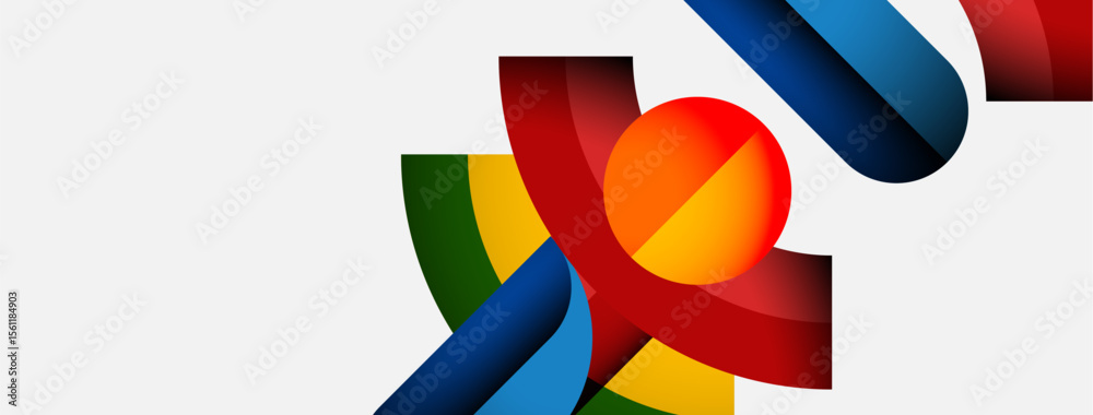 Poster Abstract colorful ribbons intertwine, creating dynamic composition. Bright hues contrast against white background. Modern design element.