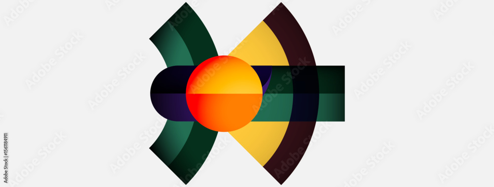 Poster abstract design features colorful arcs surrounding central orange sphere. composition evokes dynamic