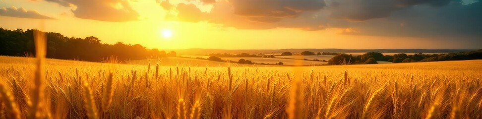 Obraz premium Golden hour sunlight bathes a sun-drenched landscape in warm, summery hues Fields of wheat sway gently in the breeze, creating a breathtaking scene of idyllic summertime beauty , orange, golden light