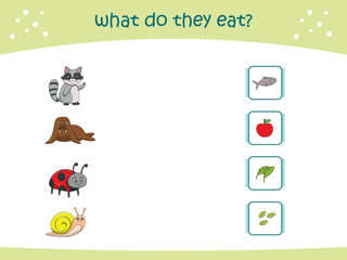 What do they eat matching game for kids with cute wild animals. activity page for kindergarteen and preschool. Vector illustration