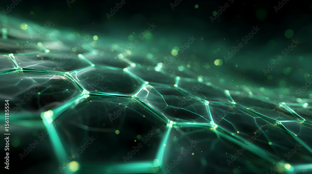 Poster abstract green network backdrop with connected hexagon nodes for futuristic technology or science