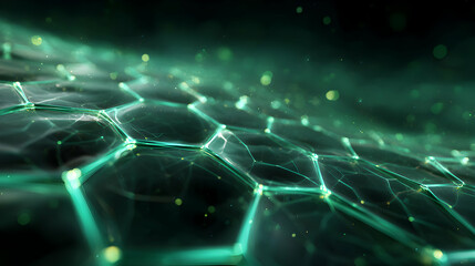 Obraz premium Abstract green network backdrop with connected hexagon nodes for futuristic technology or science