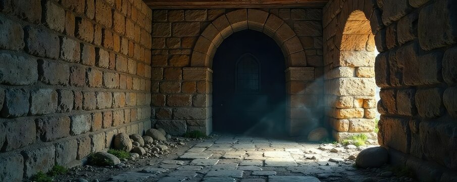 A dimly lit ancient stone room, revealing aged walls, a crumbling archway, and a mysterious shadowed corner Perfect for fantasy, history, or mystery themes , wallpaper, room, dust