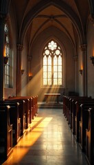 Fototapeta premium Serene church interior, sunlight streaming through stained glass windows illuminating a quiet prayer area Perfect for themes of faith, peace, spirituality, and worship , amen, incense, transcendence
